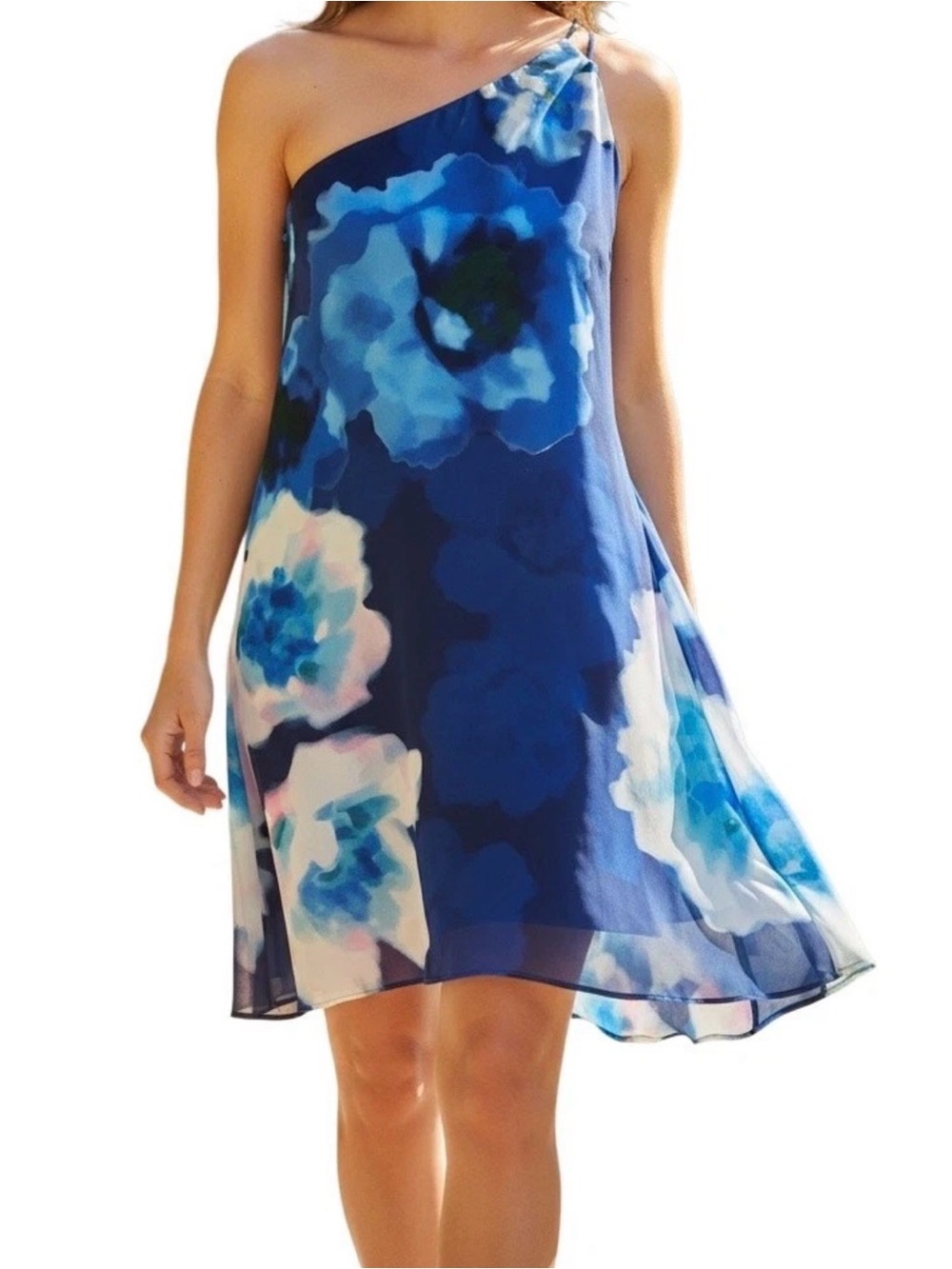 Belle by Badgley Mischka Kayla One-Shoulder Blue Floral Shift Dress US size 8